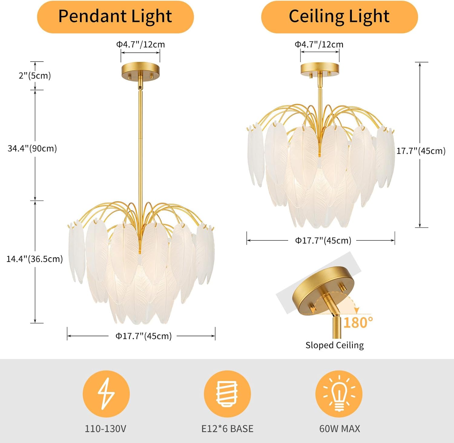 Luxury Feather-Inspired Gold Glass Pendant Chandelier – E12 Base, 6-Light, Dimmable, Adjustable for Flat & Sloped Ceilings