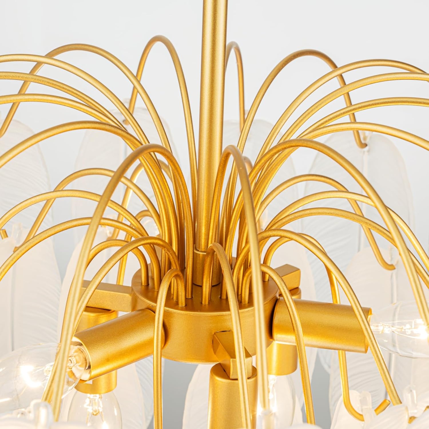 Luxury Feather-Inspired Gold Glass Pendant Chandelier – E12 Base, 6-Light, Dimmable, Adjustable for Flat & Sloped Ceilings