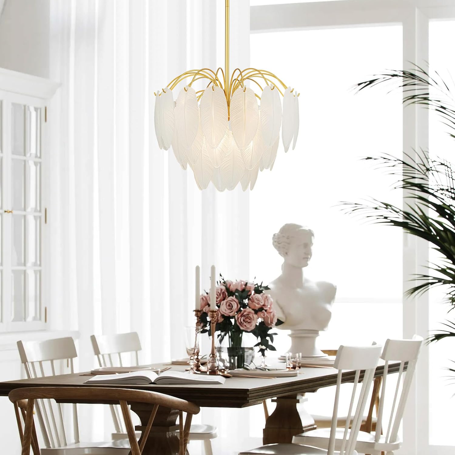 Luxury Feather-Inspired Gold Glass Pendant Chandelier – E12 Base, 6-Light, Dimmable, Adjustable for Flat & Sloped Ceilings