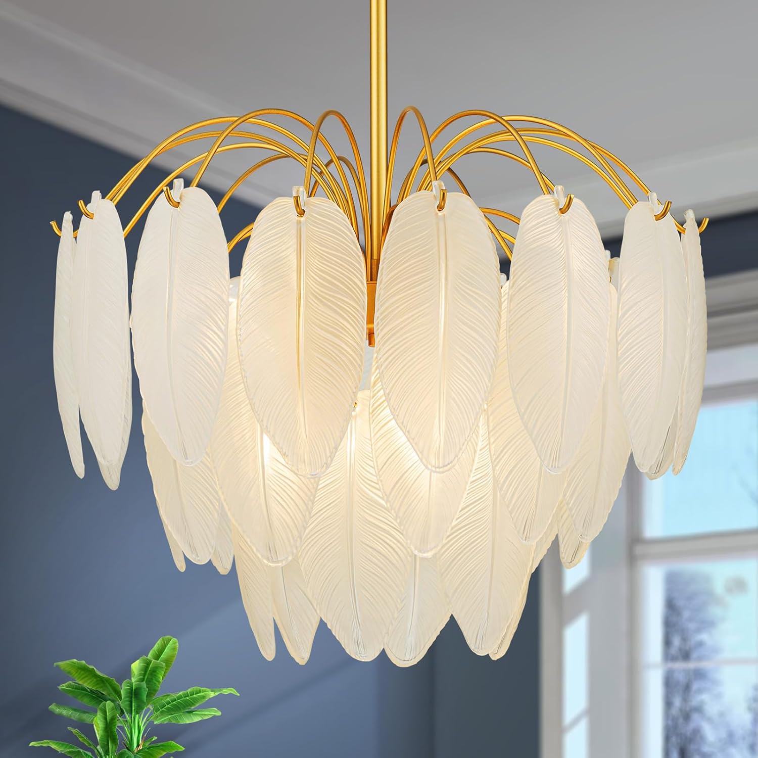 Luxury Feather-Inspired Gold Glass Pendant Chandelier – E12 Base, 6-Light, Dimmable, Adjustable for Flat & Sloped Ceilings