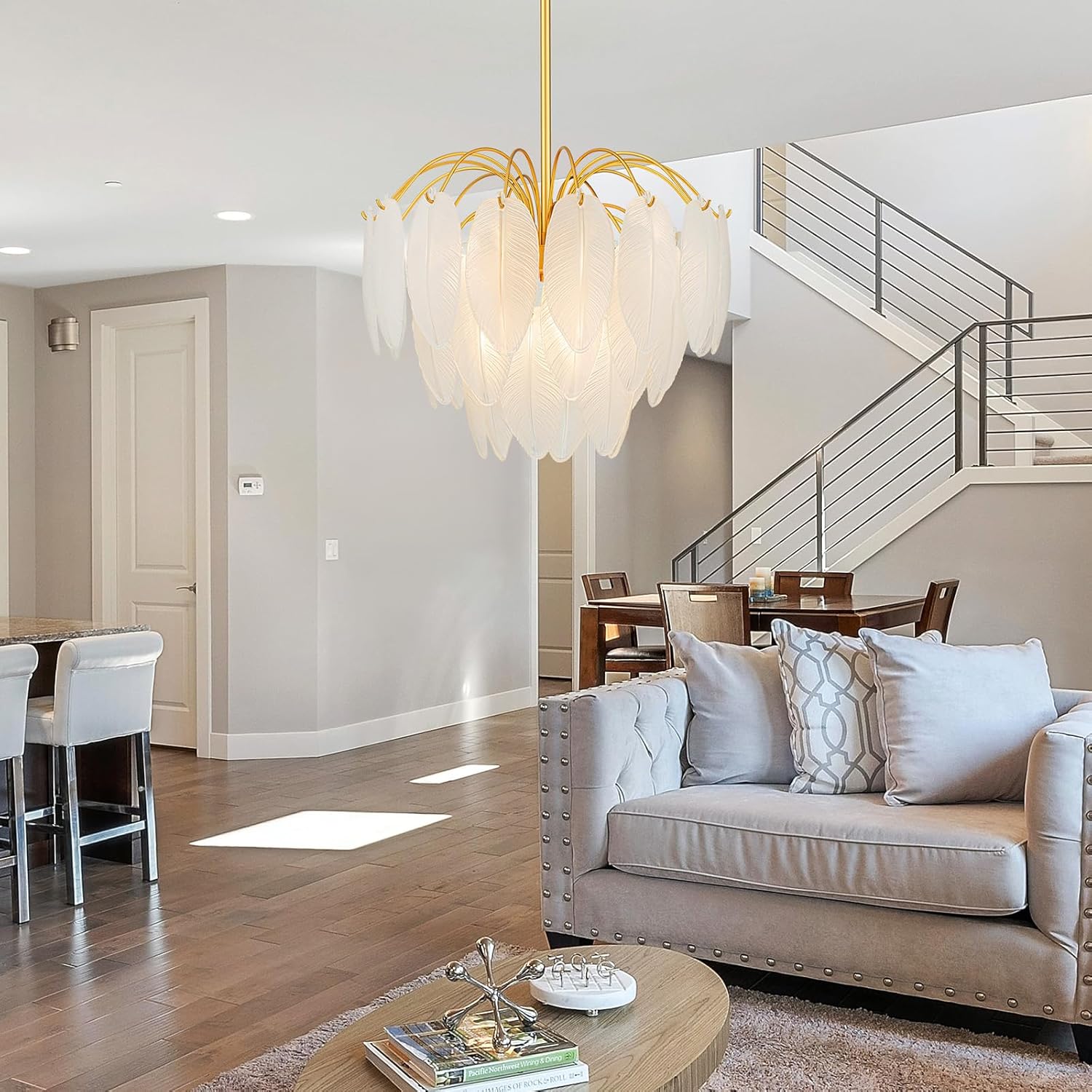 Luxury Feather-Inspired Gold Glass Pendant Chandelier – E12 Base, 6-Light, Dimmable, Adjustable for Flat & Sloped Ceilings