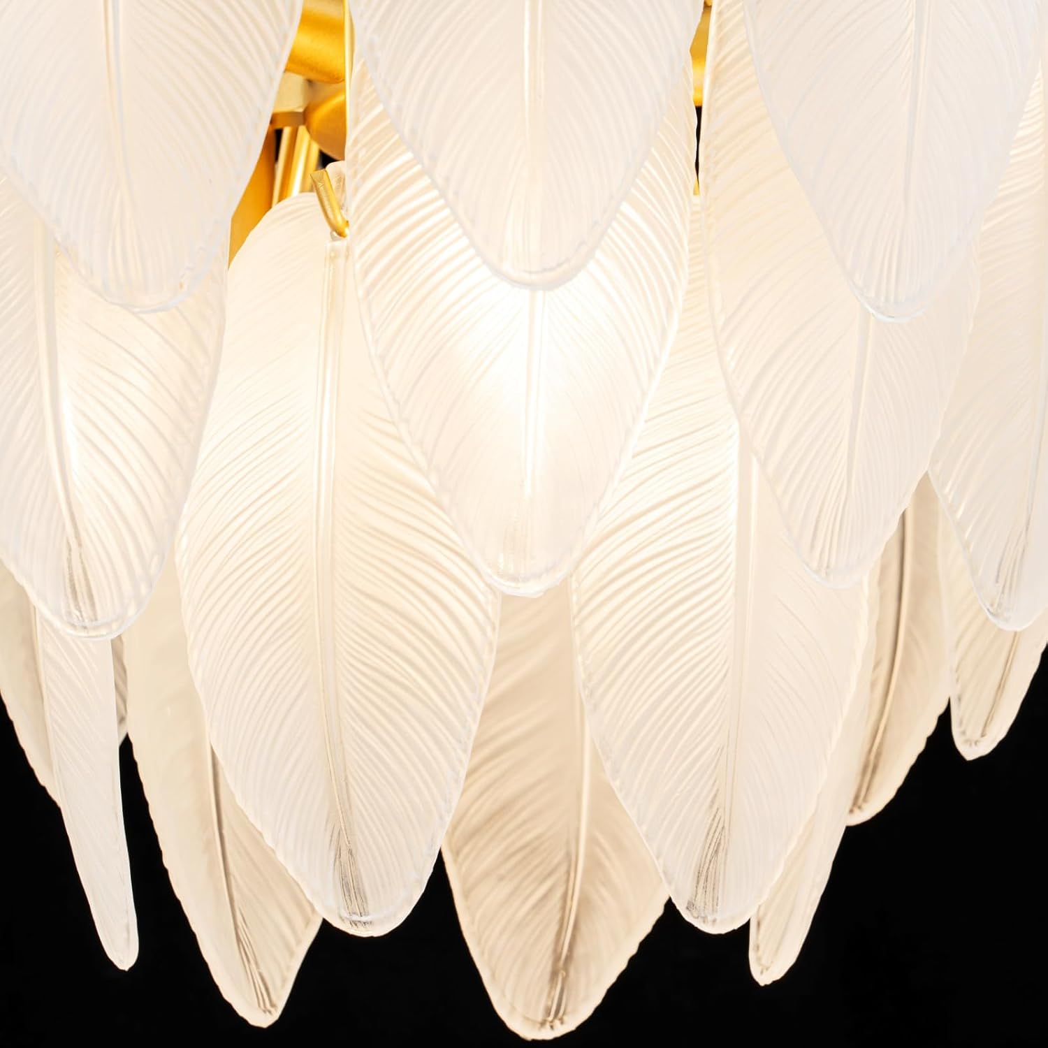 Luxury Feather-Inspired Gold Glass Pendant Chandelier – E12 Base, 6-Light, Dimmable, Adjustable for Flat & Sloped Ceilings