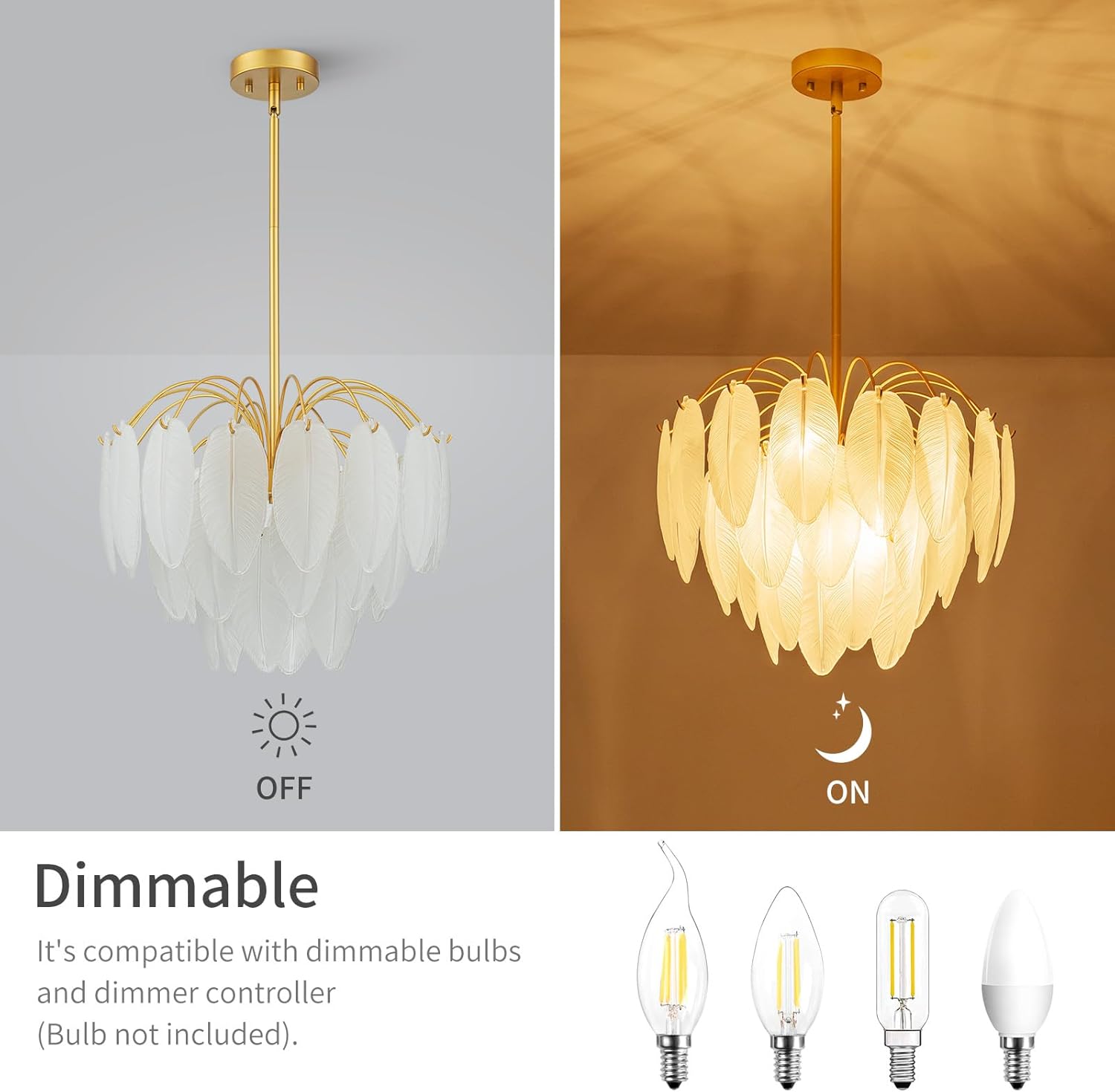 Luxury Feather-Inspired Gold Glass Pendant Chandelier – E12 Base, 6-Light, Dimmable, Adjustable for Flat & Sloped Ceilings