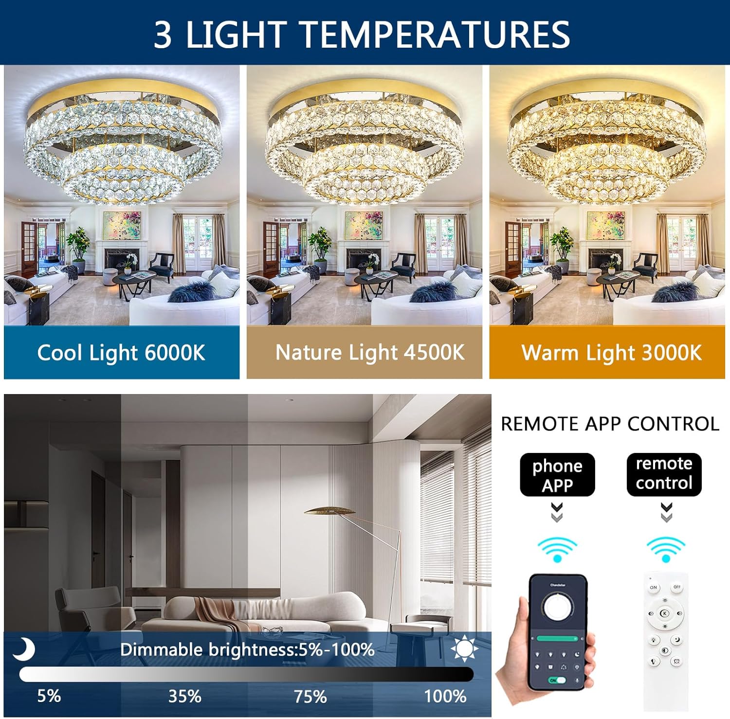 Luxury Flush Mount Crystal Chandelier – Dimmable LED Multi-Tier Ceiling Light with Remote & APP