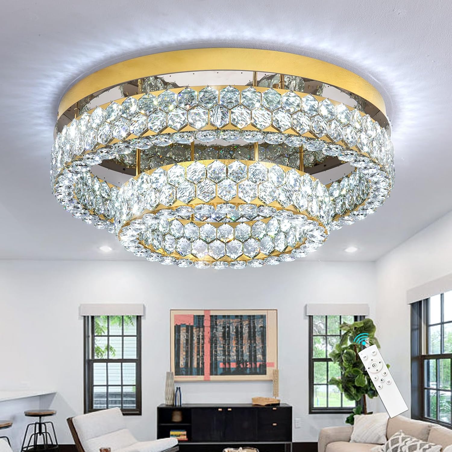 Luxury Flush Mount Crystal Chandelier – Dimmable LED Multi-Tier Ceiling Light with Remote & APP