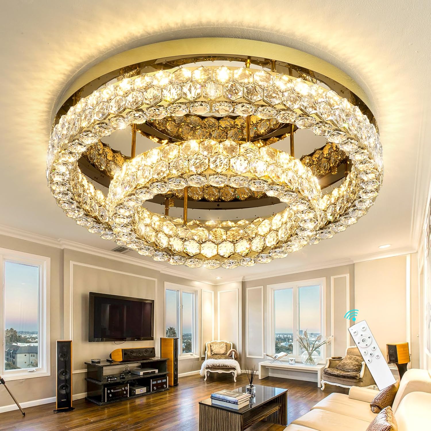 Luxury Flush Mount Crystal Chandelier – Dimmable LED Multi-Tier Ceiling Light with Remote & APP