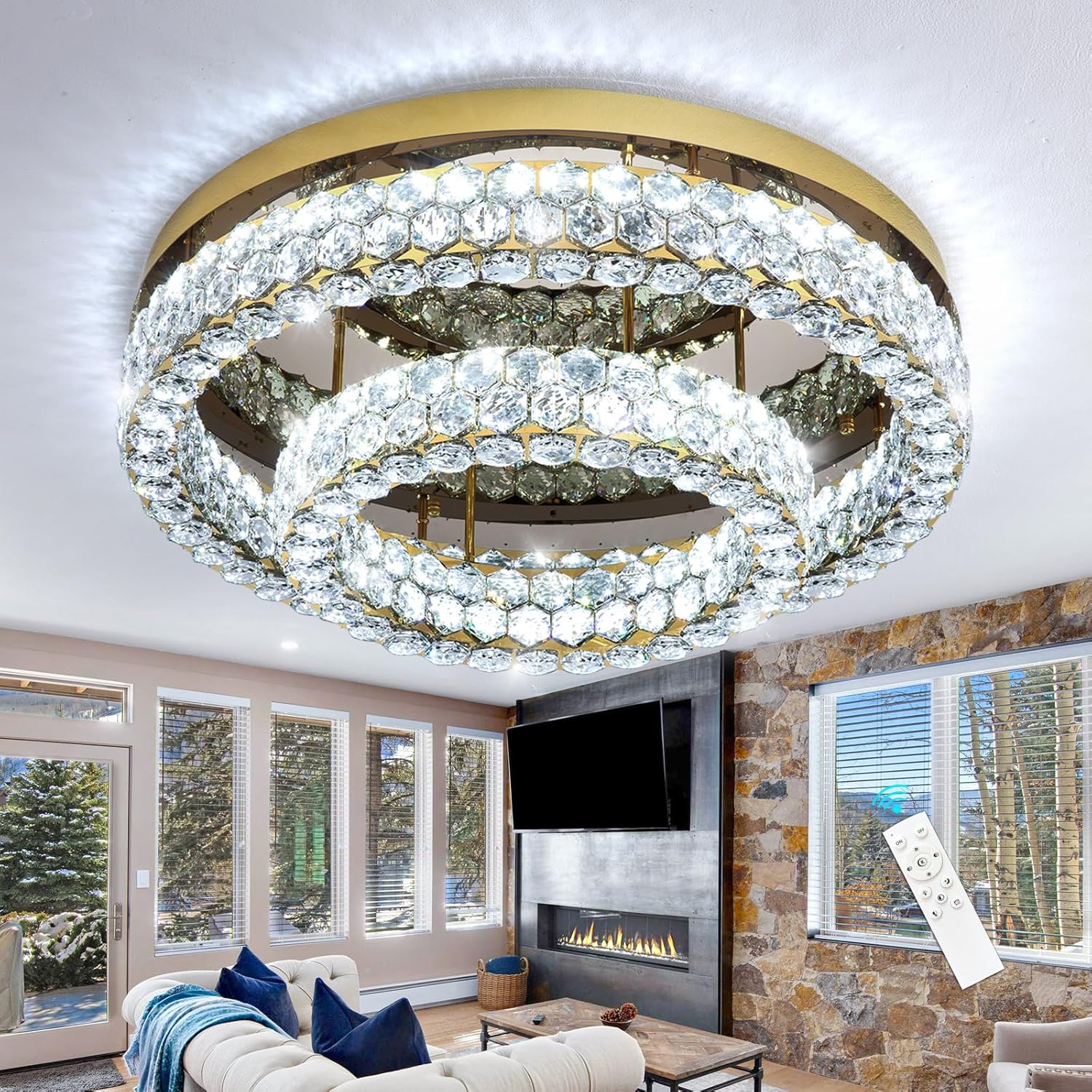 Luxury Flush Mount Crystal Chandelier – Dimmable LED Multi-Tier Ceiling Light with Remote & APP
