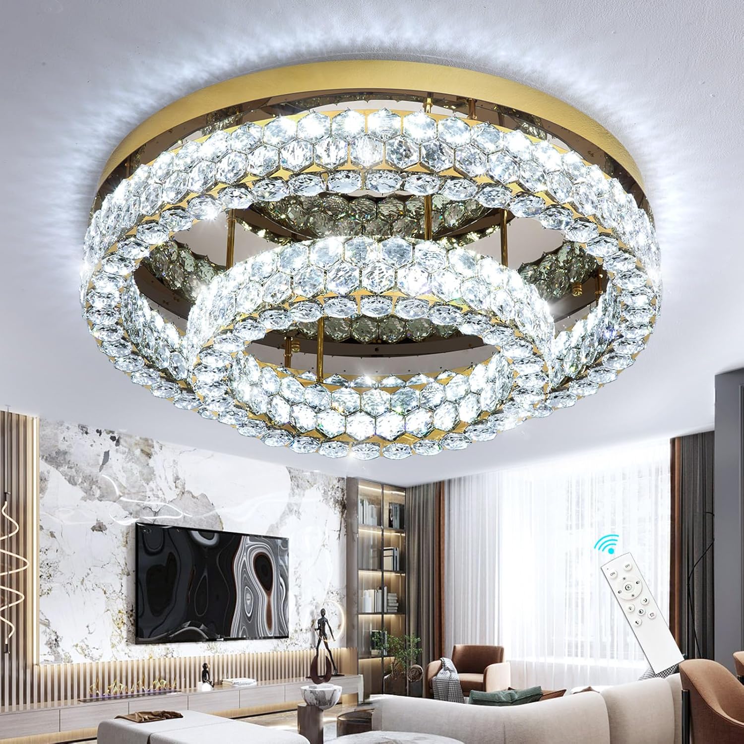 Luxury Flush Mount Crystal Chandelier – Dimmable LED Multi-Tier Ceiling Light with Remote & APP