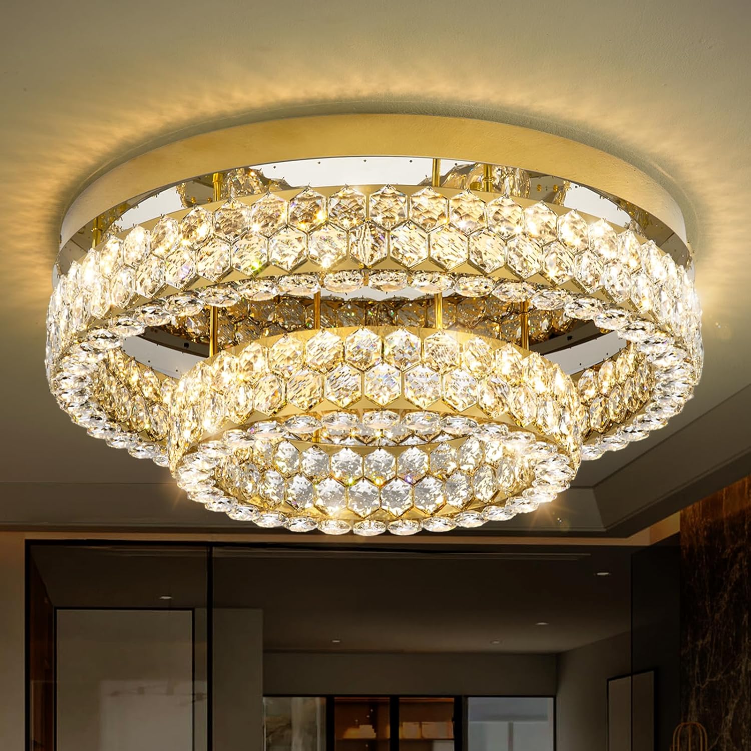 Luxury Flush Mount Crystal Chandelier – Dimmable LED Multi-Tier Ceiling Light with Remote & APP