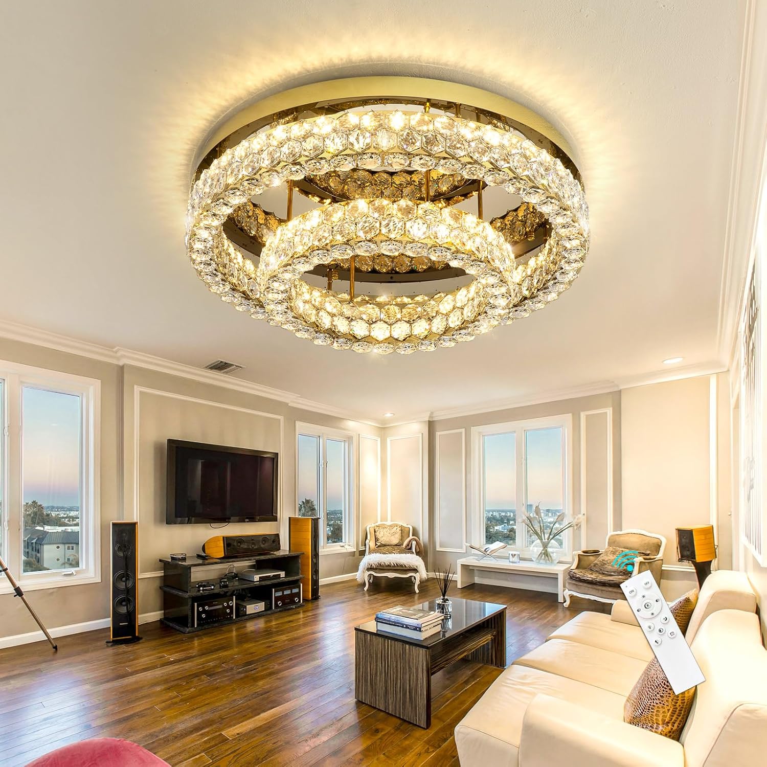 Luxury Flush Mount Crystal Chandelier – Dimmable LED Multi-Tier Ceiling Light with Remote & APP