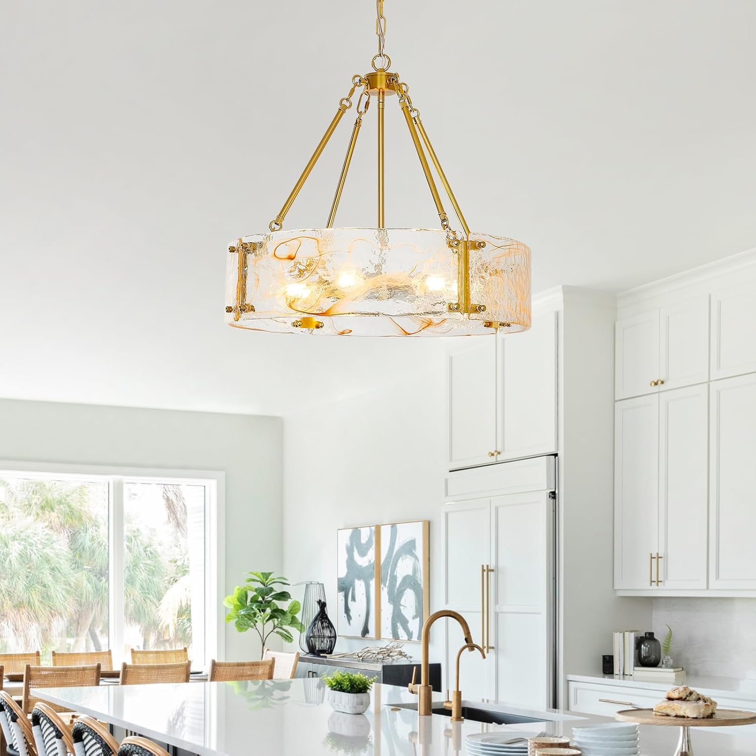Modern Luxury Gold Drum Chandelier Textured Glass Round Pendant Light Adjustable Height E26 Dining Room Ceiling Fixture