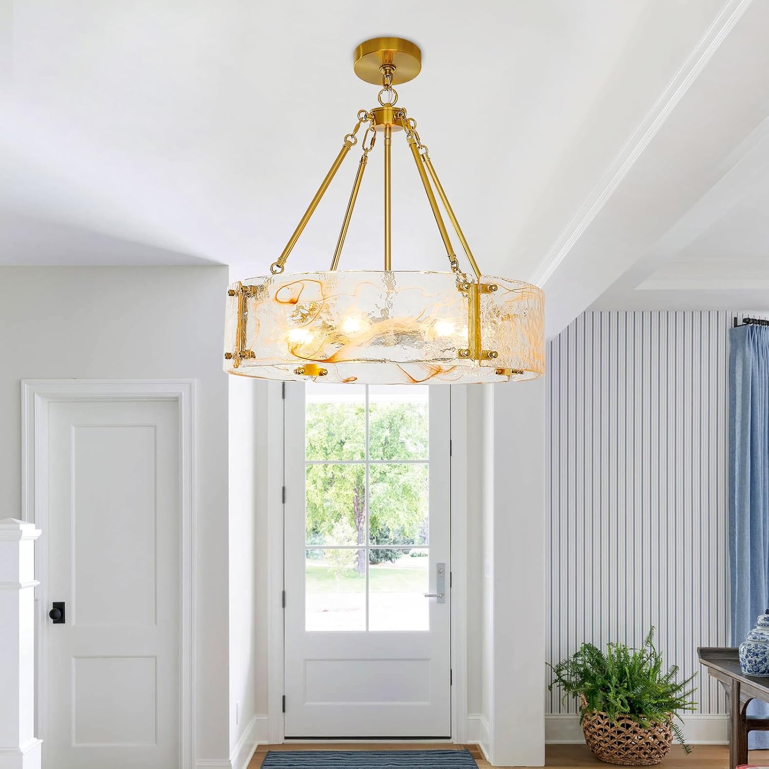 Modern Luxury Gold Drum Chandelier Textured Glass Round Pendant Light Adjustable Height E26 Dining Room Ceiling Fixture