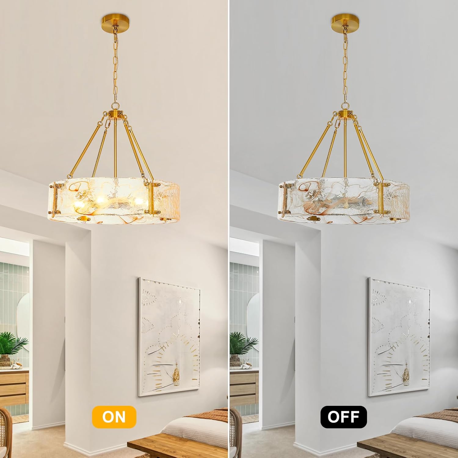 Modern Luxury Gold Drum Chandelier Textured Glass Round Pendant Light Adjustable Height E26 Dining Room Ceiling Fixture