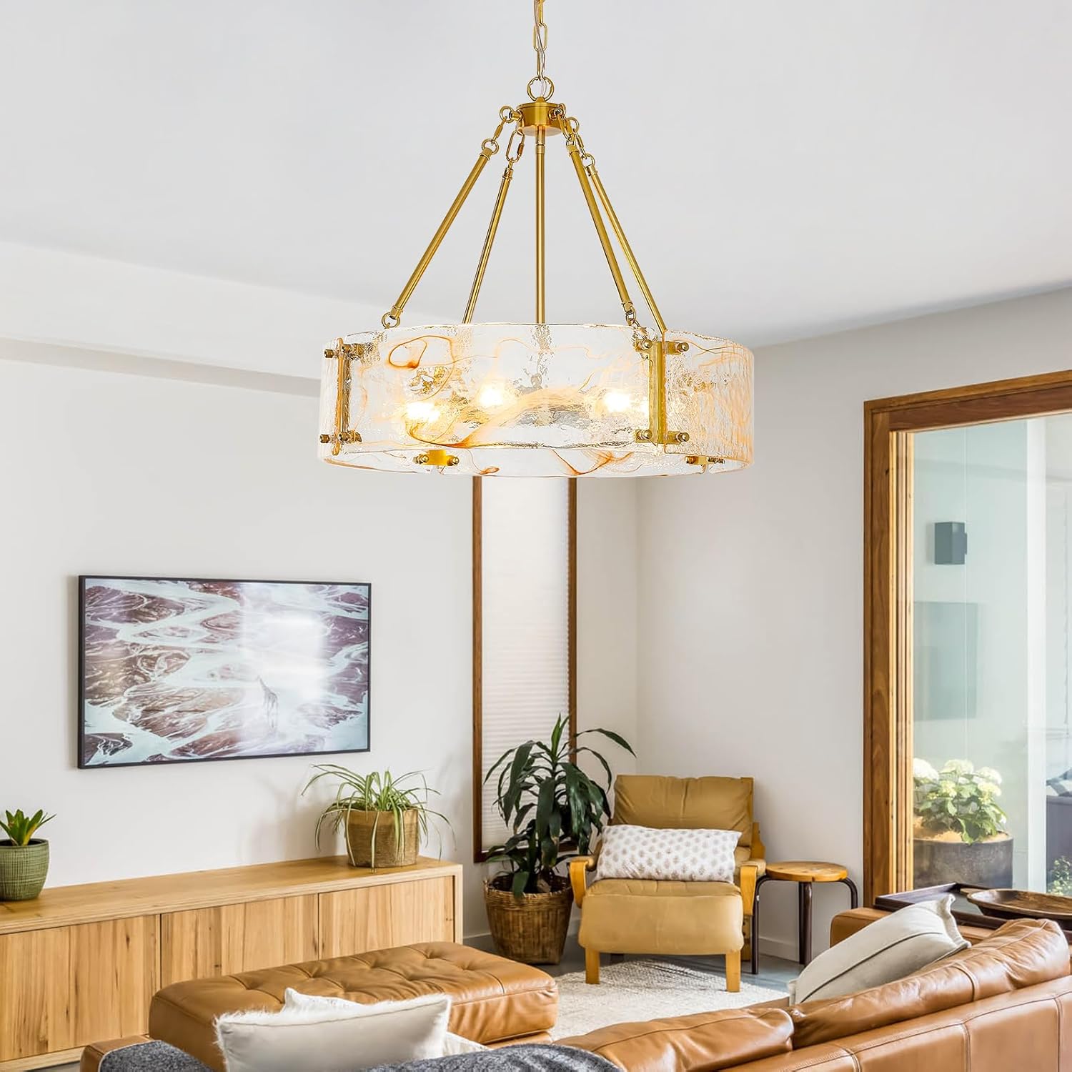 Modern Luxury Gold Drum Chandelier Textured Glass Round Pendant Light Adjustable Height E26 Dining Room Ceiling Fixture