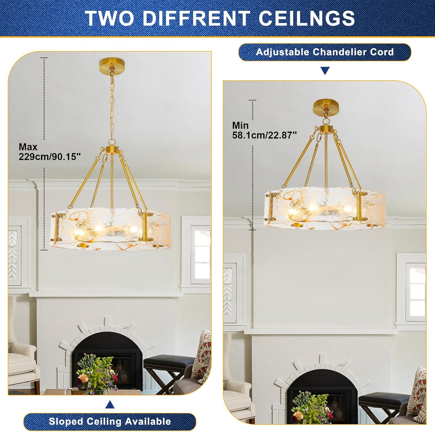 Modern Luxury Gold Drum Chandelier Textured Glass Round Pendant Light Adjustable Height E26 Dining Room Ceiling Fixture