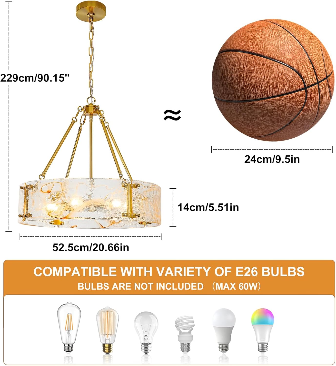Modern Luxury Gold Drum Chandelier Textured Glass Round Pendant Light Adjustable Height E26 Dining Room Ceiling Fixture