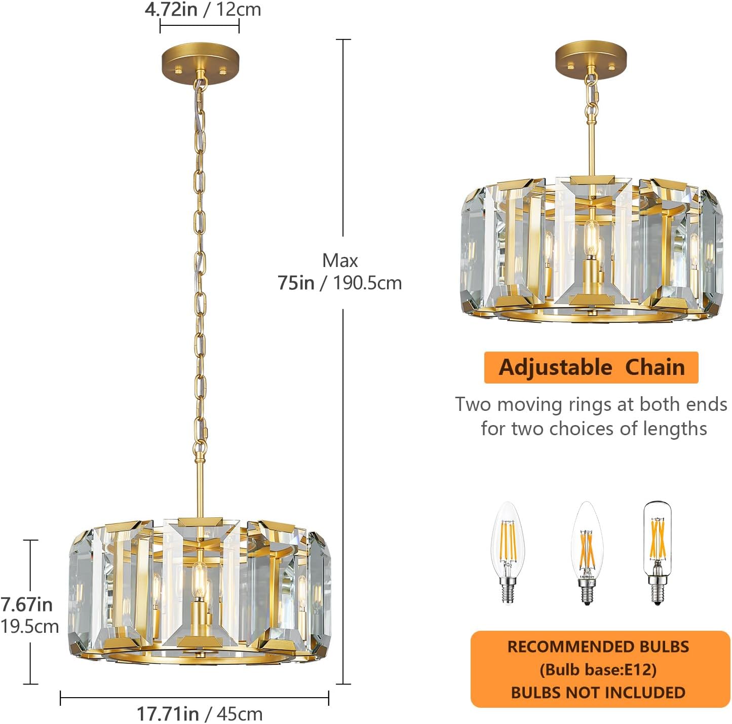 Luxury Gold Crystal Pendant Chandelier Adjustable Height E12