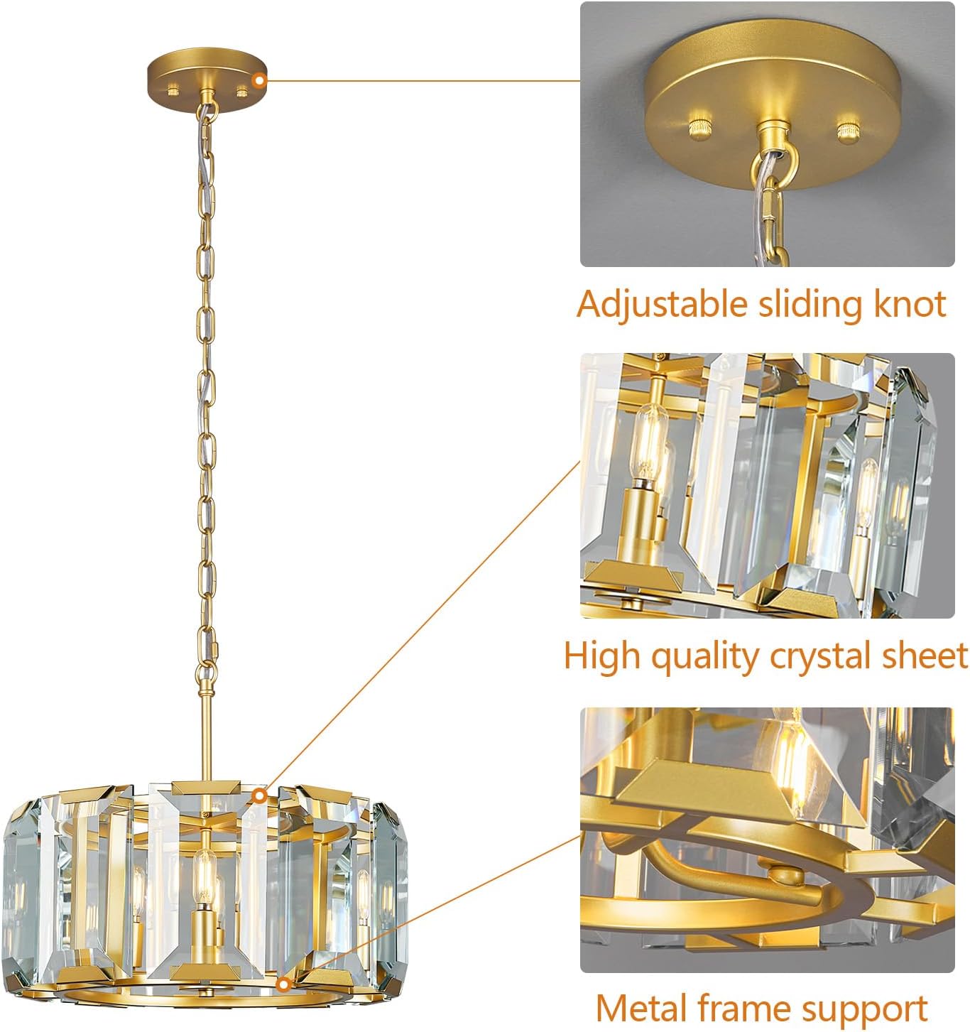Luxury Gold Crystal Pendant Chandelier Adjustable Height E12