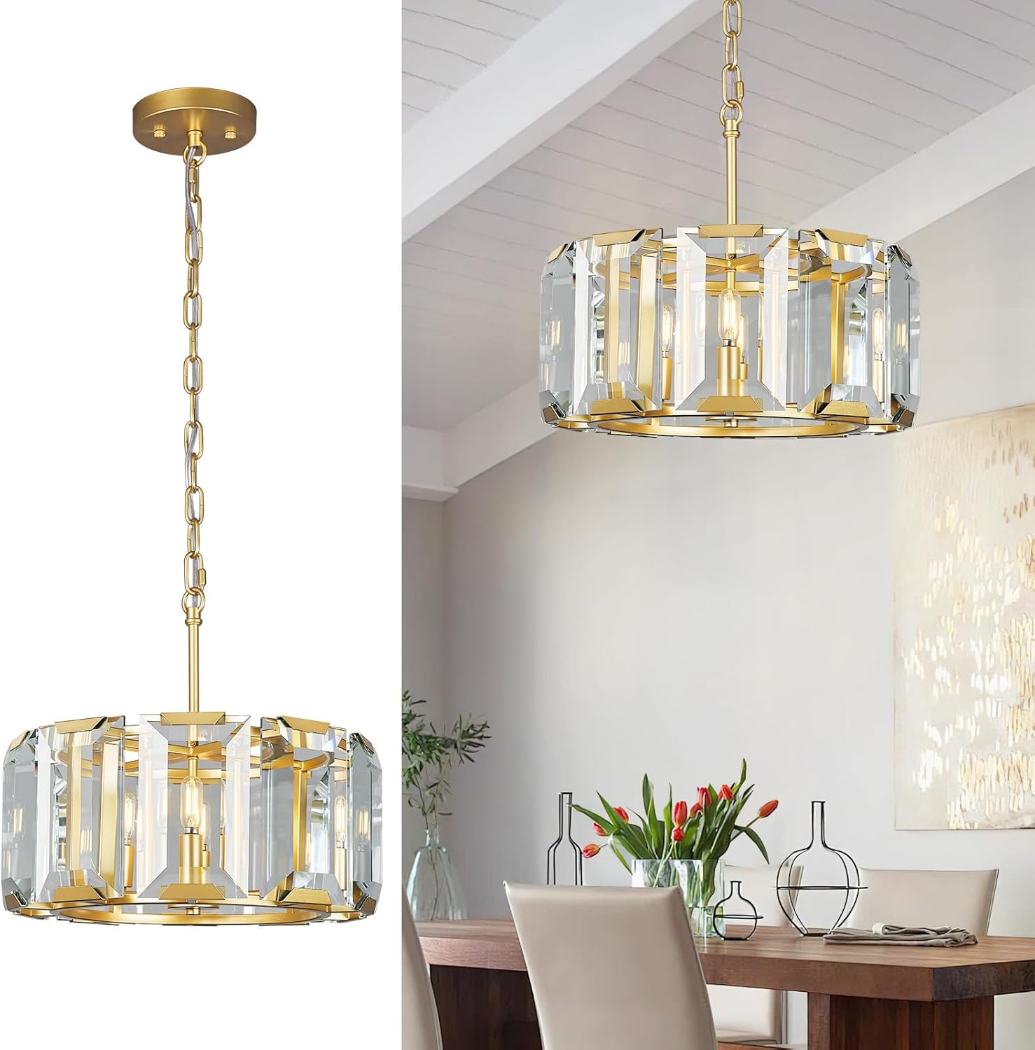 Luxury Gold Crystal Pendant Chandelier Adjustable Height E12