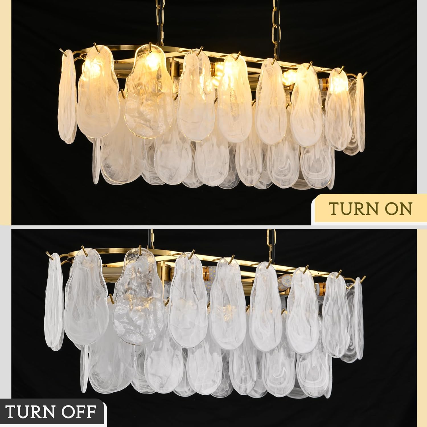 Modern Gold Tiered Glass Chandelier Luxury Rectangle Dining Room Pendant Light
