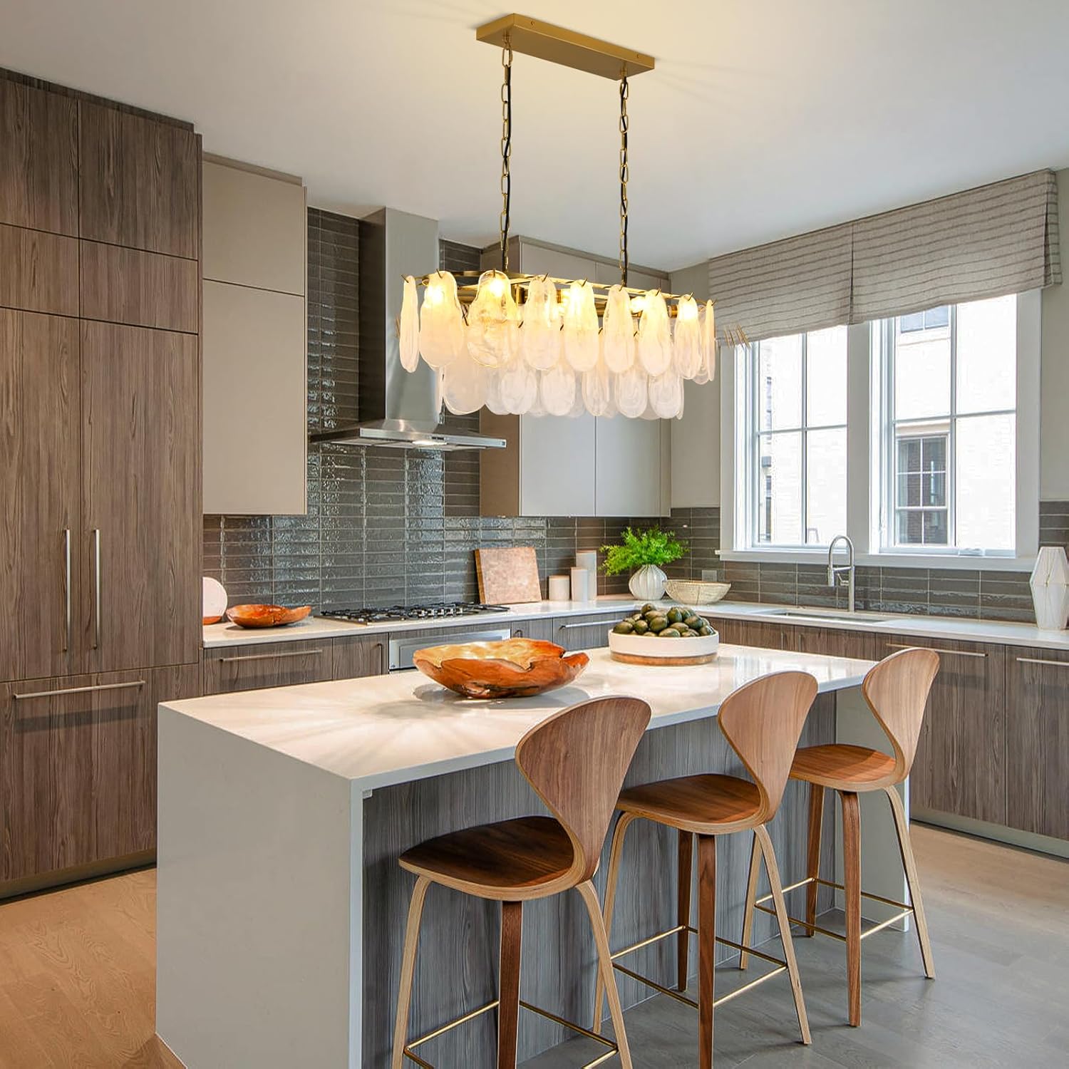 Modern Gold Tiered Glass Chandelier Luxury Rectangle Dining Room Pendant Light