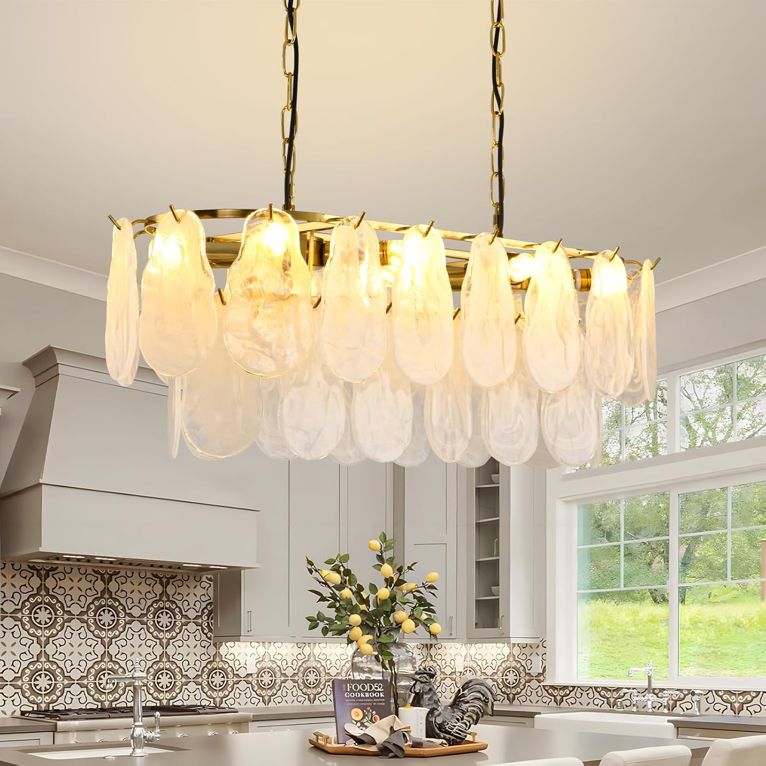 Modern Gold Tiered Glass Chandelier Luxury Rectangle Dining Room Pendant Light