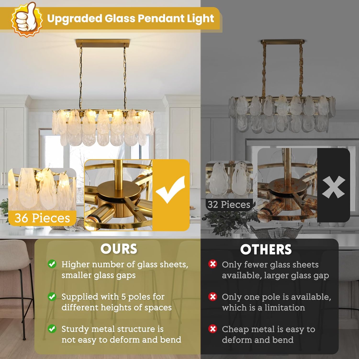 Modern Gold Tiered Glass Chandelier Luxury Rectangle Dining Room Pendant Light
