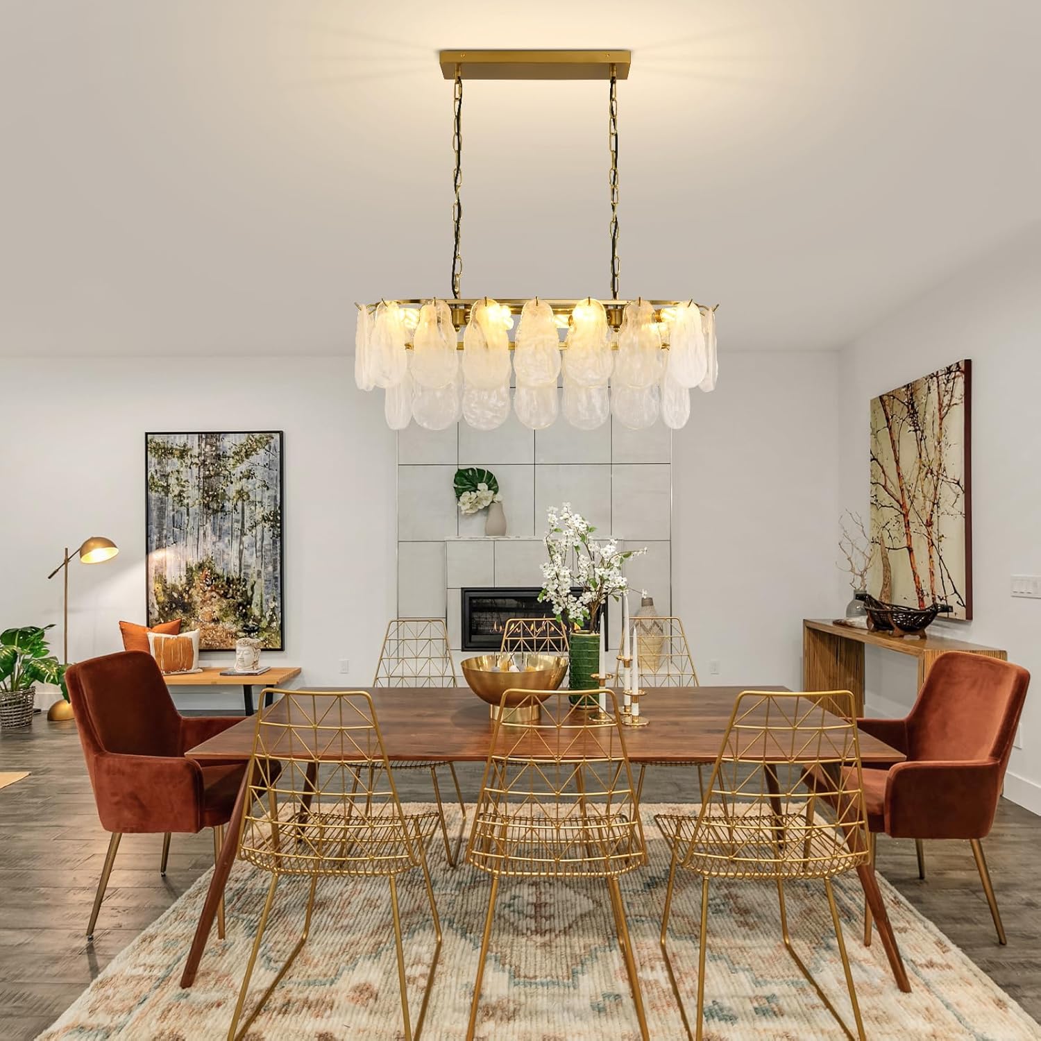 Modern Gold Tiered Glass Chandelier Luxury Rectangle Dining Room Pendant Light