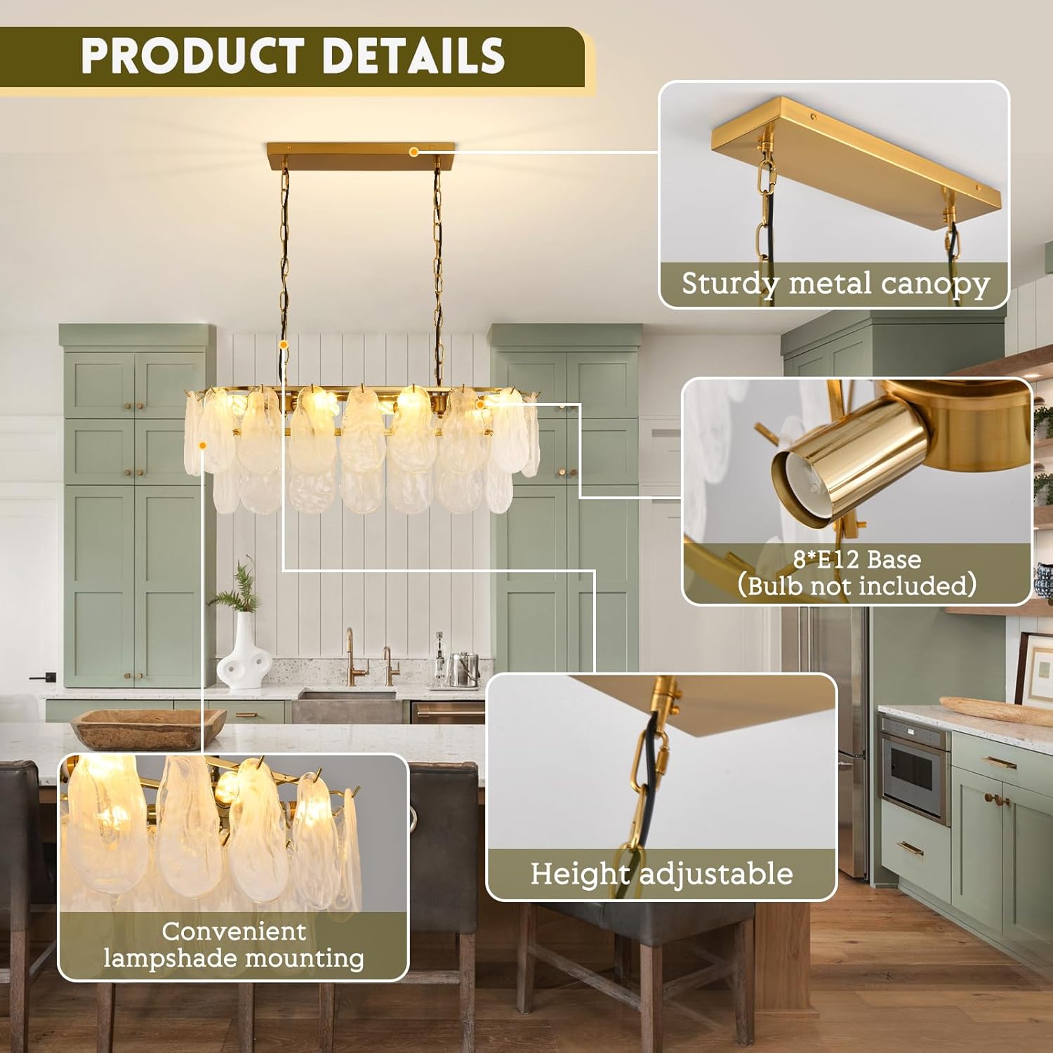 Modern Gold Tiered Glass Chandelier Luxury Rectangle Dining Room Pendant Light