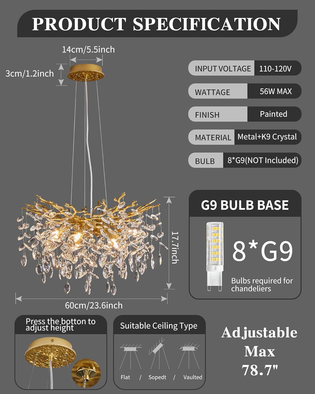 Luxury Gold Tree Branch Crystal Chandelier – 8-Light G9, Adjustable Pendant for Modern Living Spaces