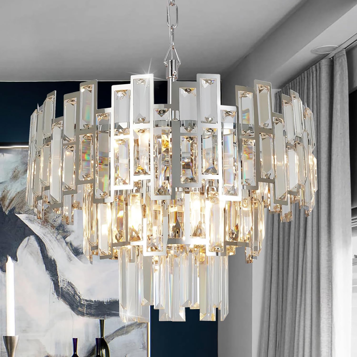 Luxury Modern Adjustable 3-Tier Crystal Chandelier - Gold Round LED Ceiling Pendant with E12 Base