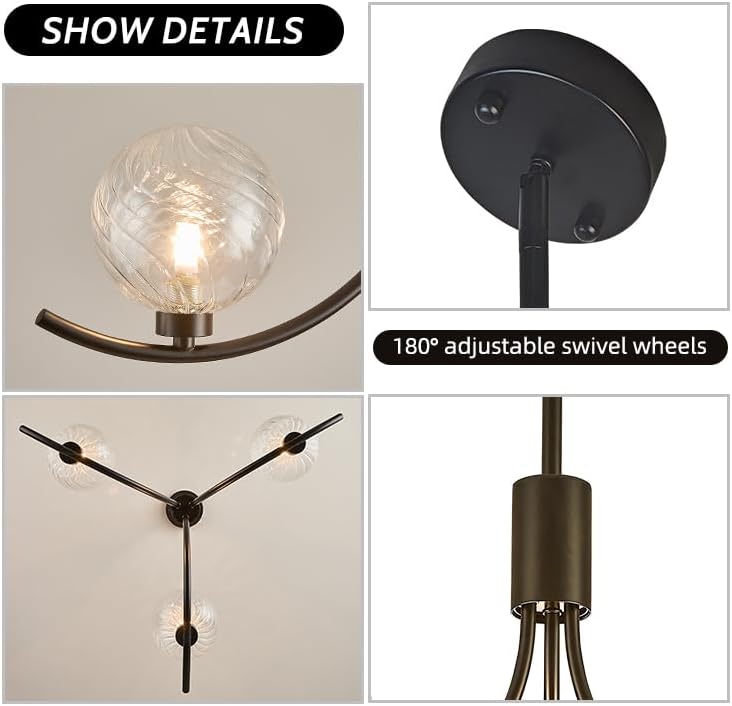 Modern Black 3-Light Glass Globe Chandelier Luxury Pendant Ceiling Light