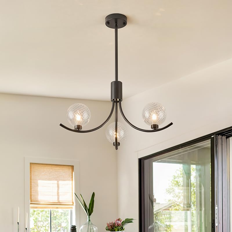 Modern Black 3-Light Glass Globe Chandelier Luxury Pendant Ceiling Light