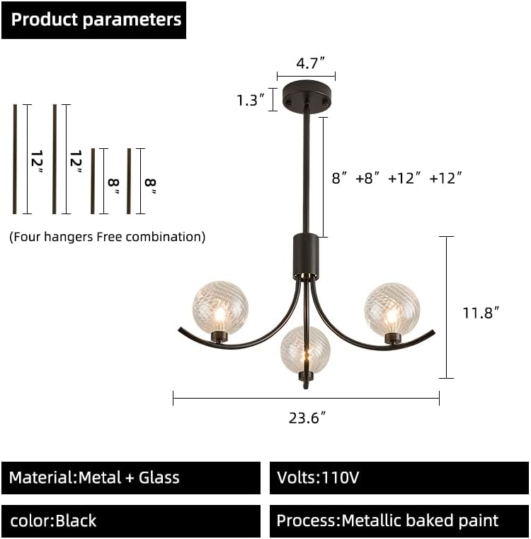 Modern Black 3-Light Glass Globe Chandelier Luxury Pendant Ceiling Light