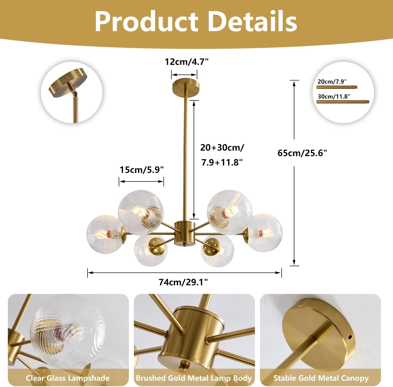 Modern Luxury Gold 6-Light Glass Globe Sputnik Chandelier Pendant Ceiling Light