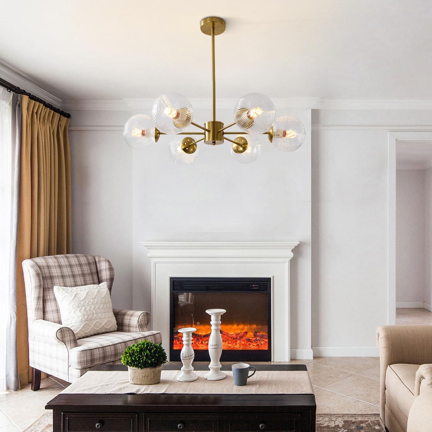 Modern Luxury Gold 6-Light Glass Globe Sputnik Chandelier Pendant Ceiling Light