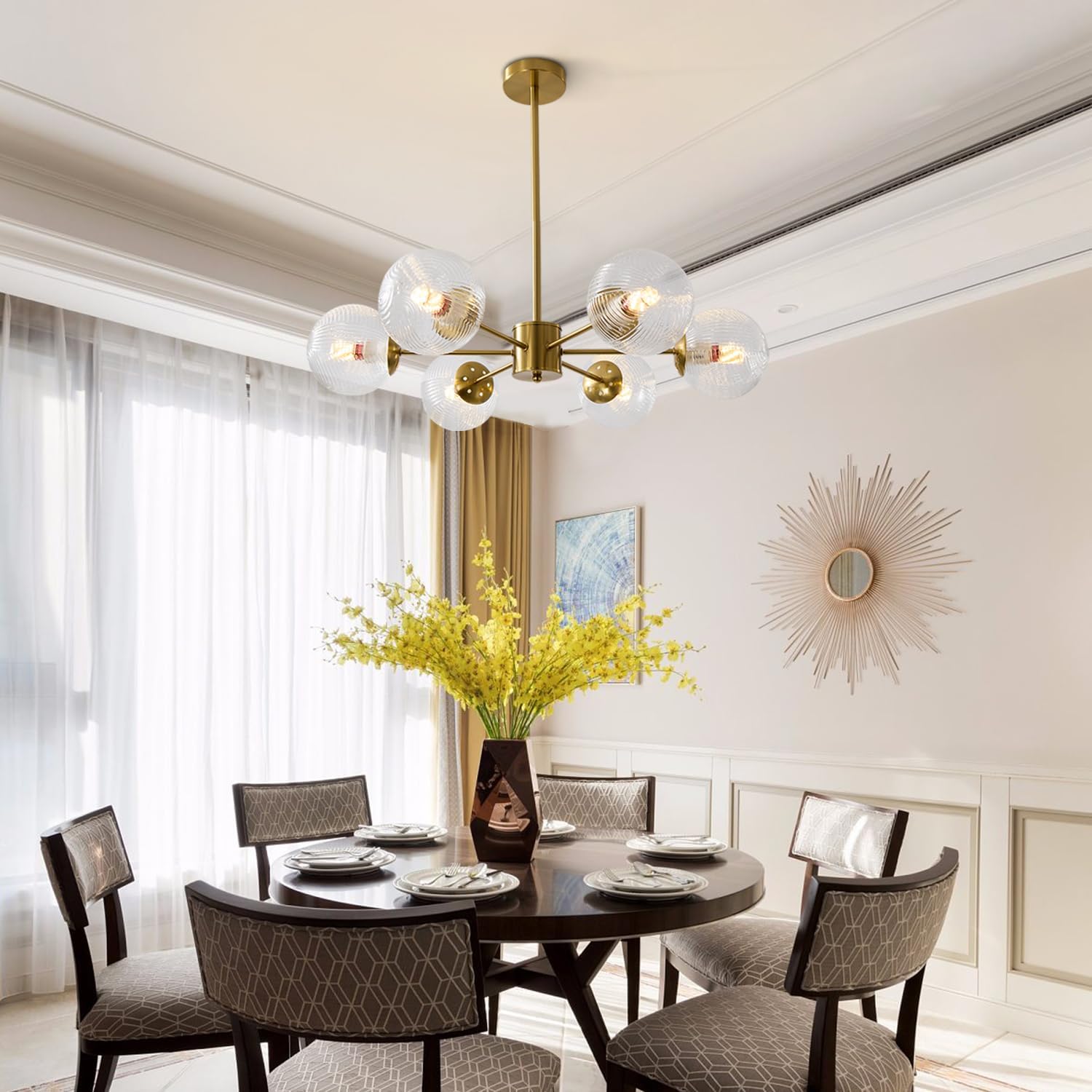 Modern Luxury Gold 6-Light Glass Globe Sputnik Chandelier Pendant Ceiling Light