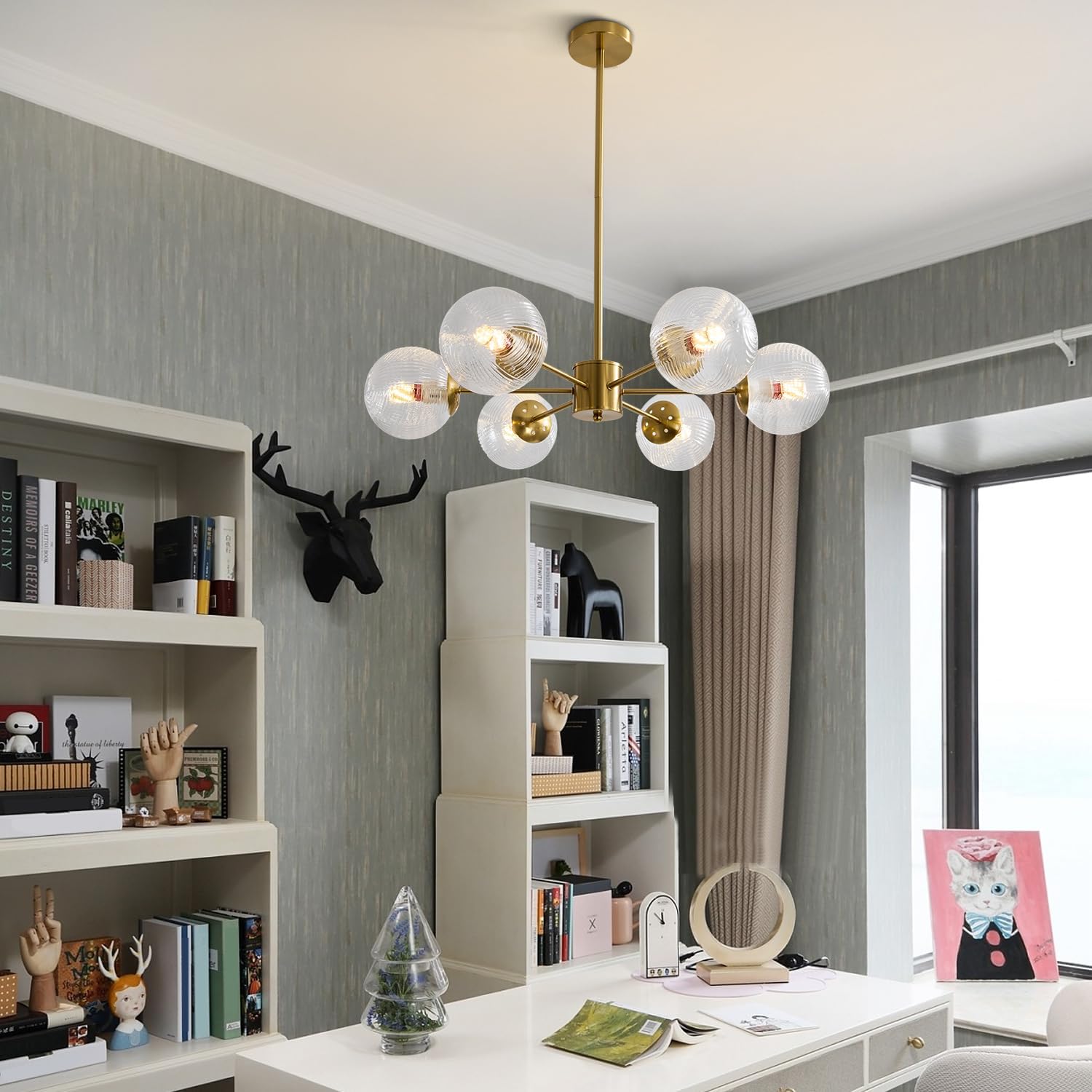 Modern Luxury Gold 6-Light Glass Globe Sputnik Chandelier Pendant Ceiling Light