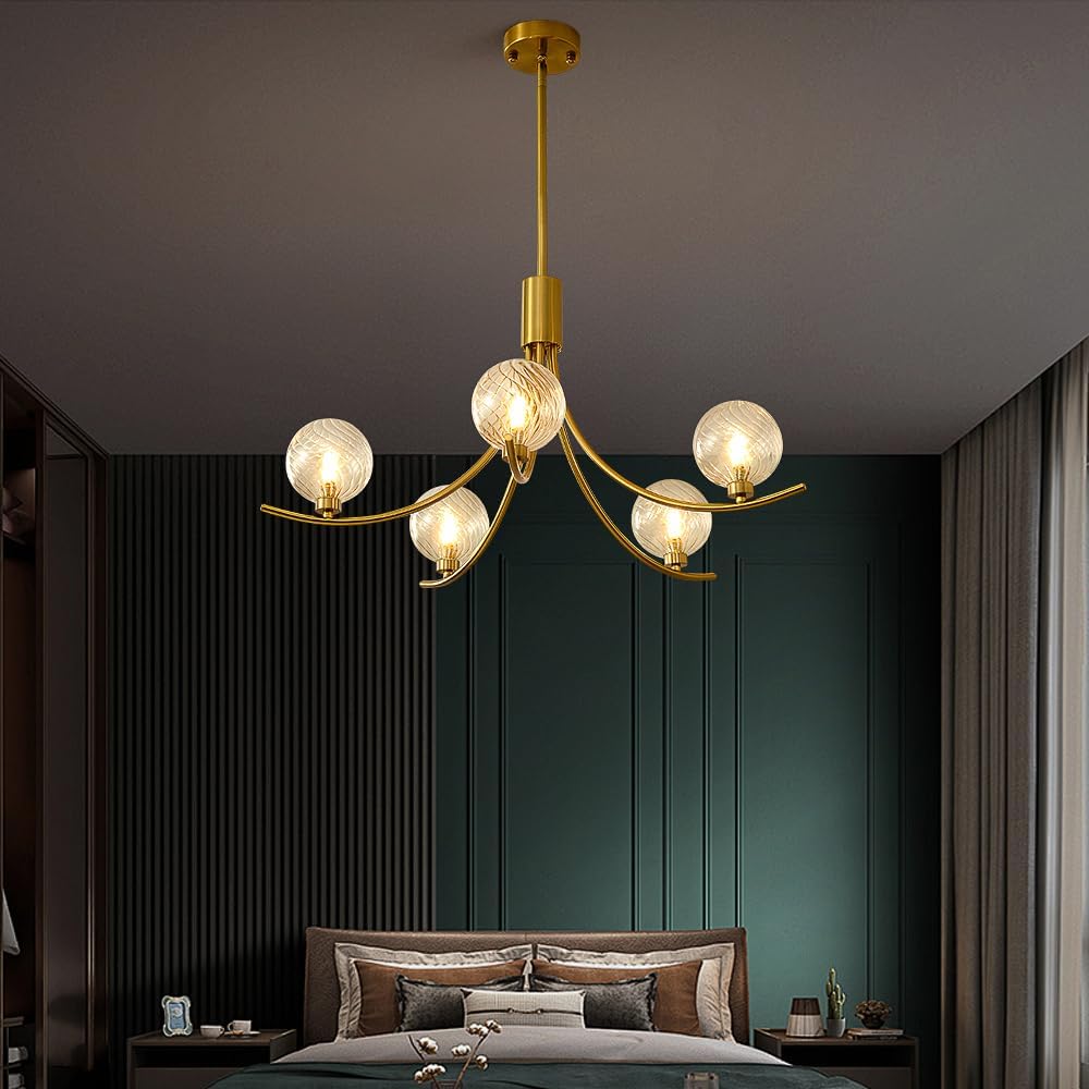 Modern Gold 5-Light Glass Globe Chandelier Luxury Pendant Ceiling Light