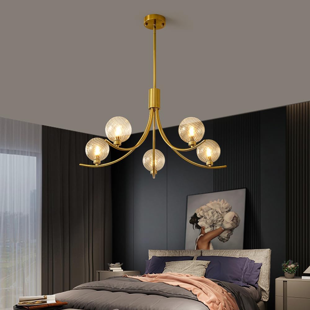 Modern Gold 5-Light Glass Globe Chandelier Luxury Pendant Ceiling Light