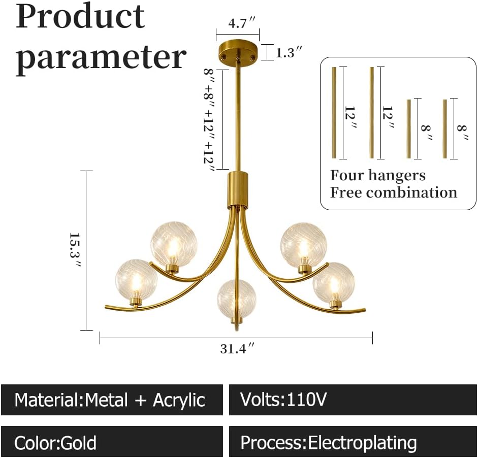 Modern Gold 5-Light Glass Globe Chandelier Luxury Pendant Ceiling Light