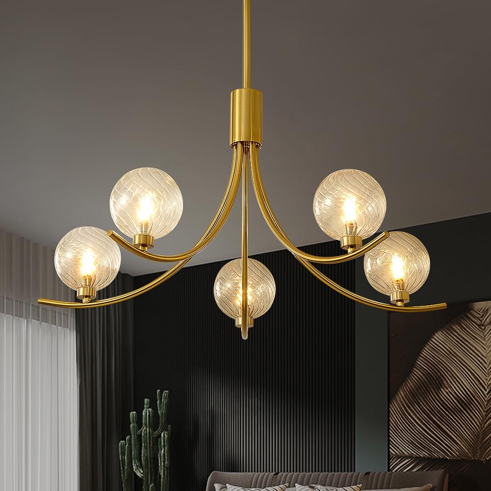 Modern Gold 5-Light Glass Globe Chandelier Luxury Pendant Ceiling Light