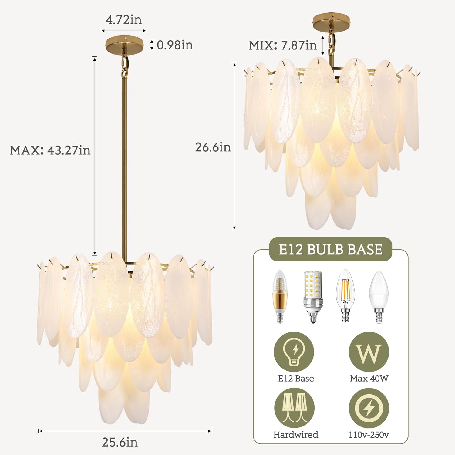 Luxury Modern Tiered Gold Glass Pendant Chandelier with E12 Bulbs – Adjustable Height, Dimmable, 25.6” Wide