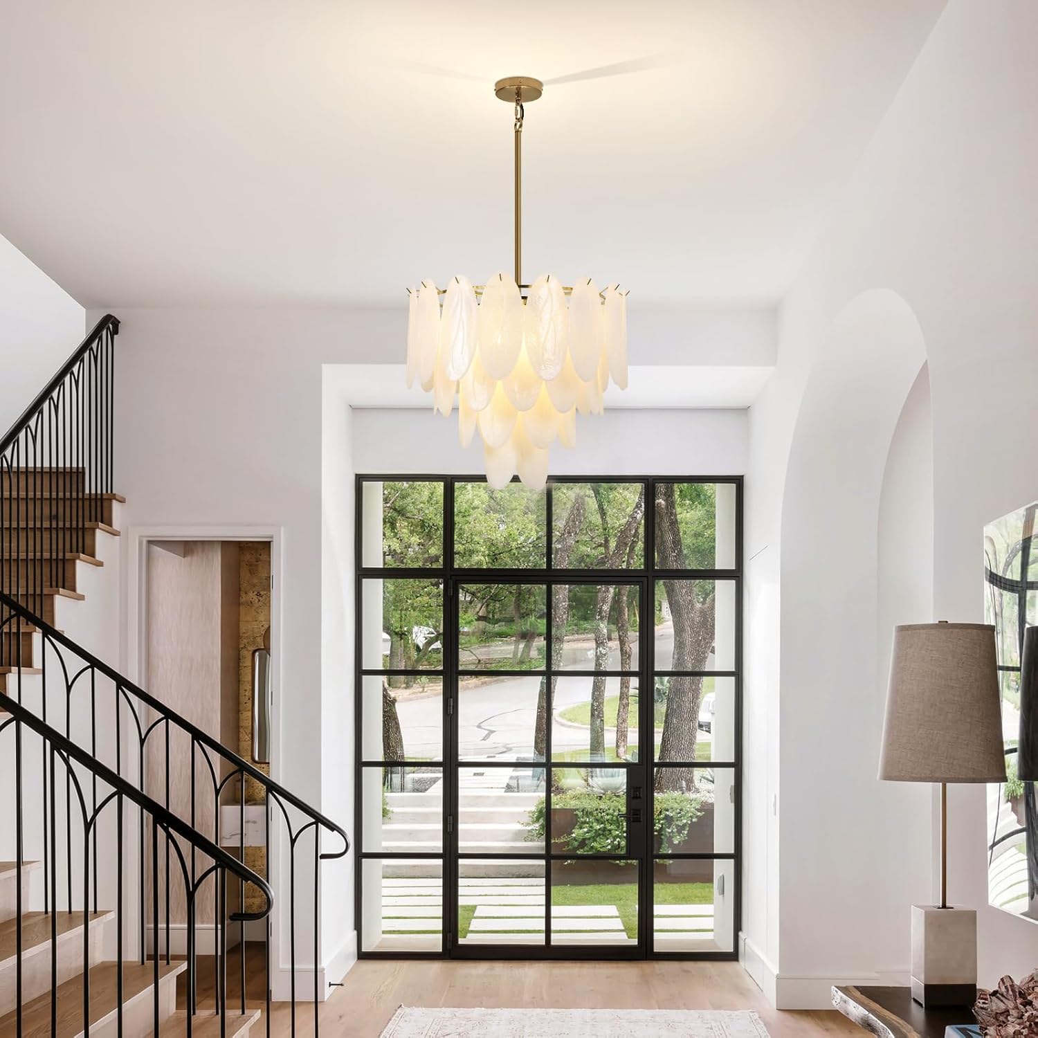 Luxury Modern Tiered Gold Glass Pendant Chandelier with E12 Bulbs – Adjustable Height, Dimmable, 25.6” Wide