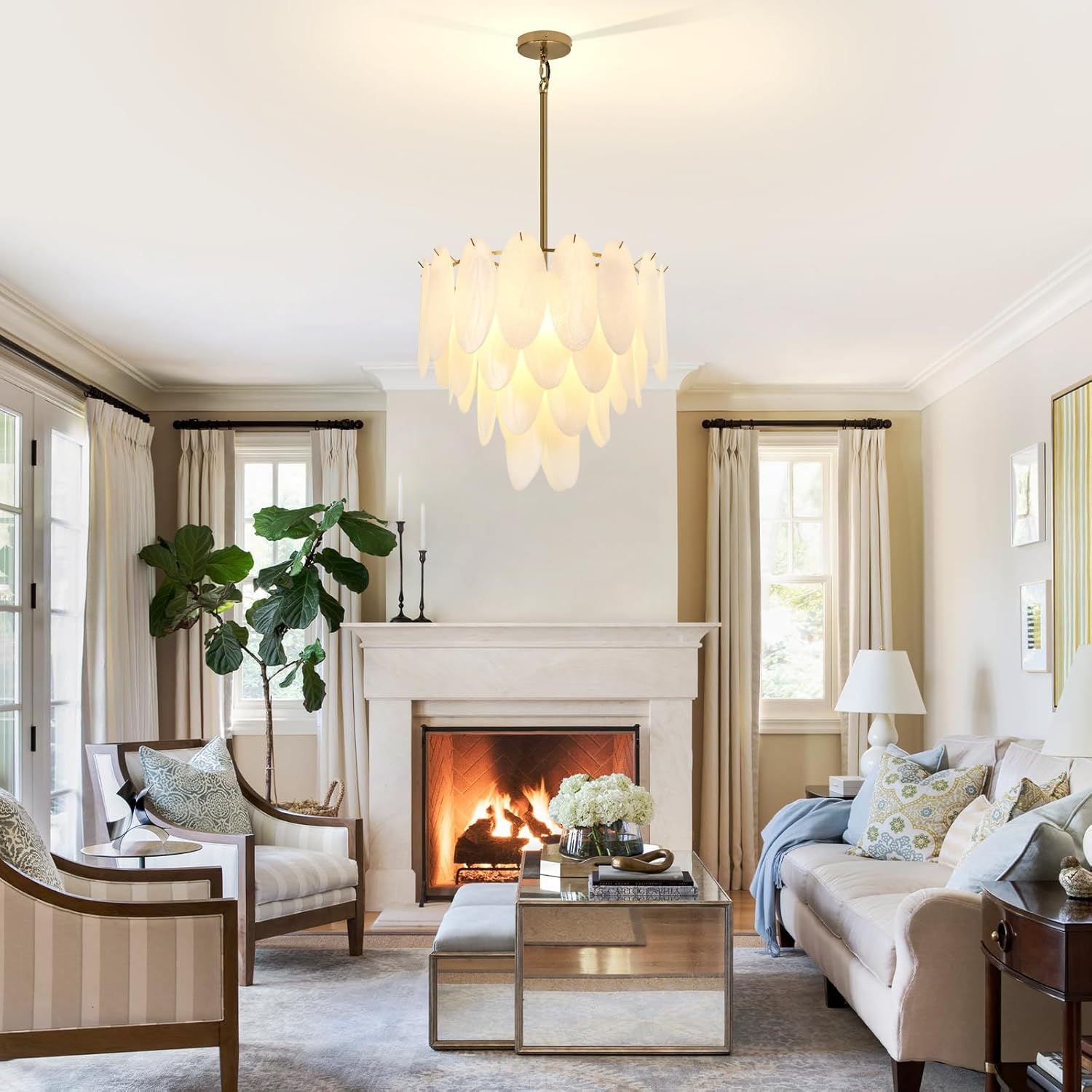 Luxury Modern Tiered Gold Glass Pendant Chandelier with E12 Bulbs – Adjustable Height, Dimmable, 25.6” Wide
