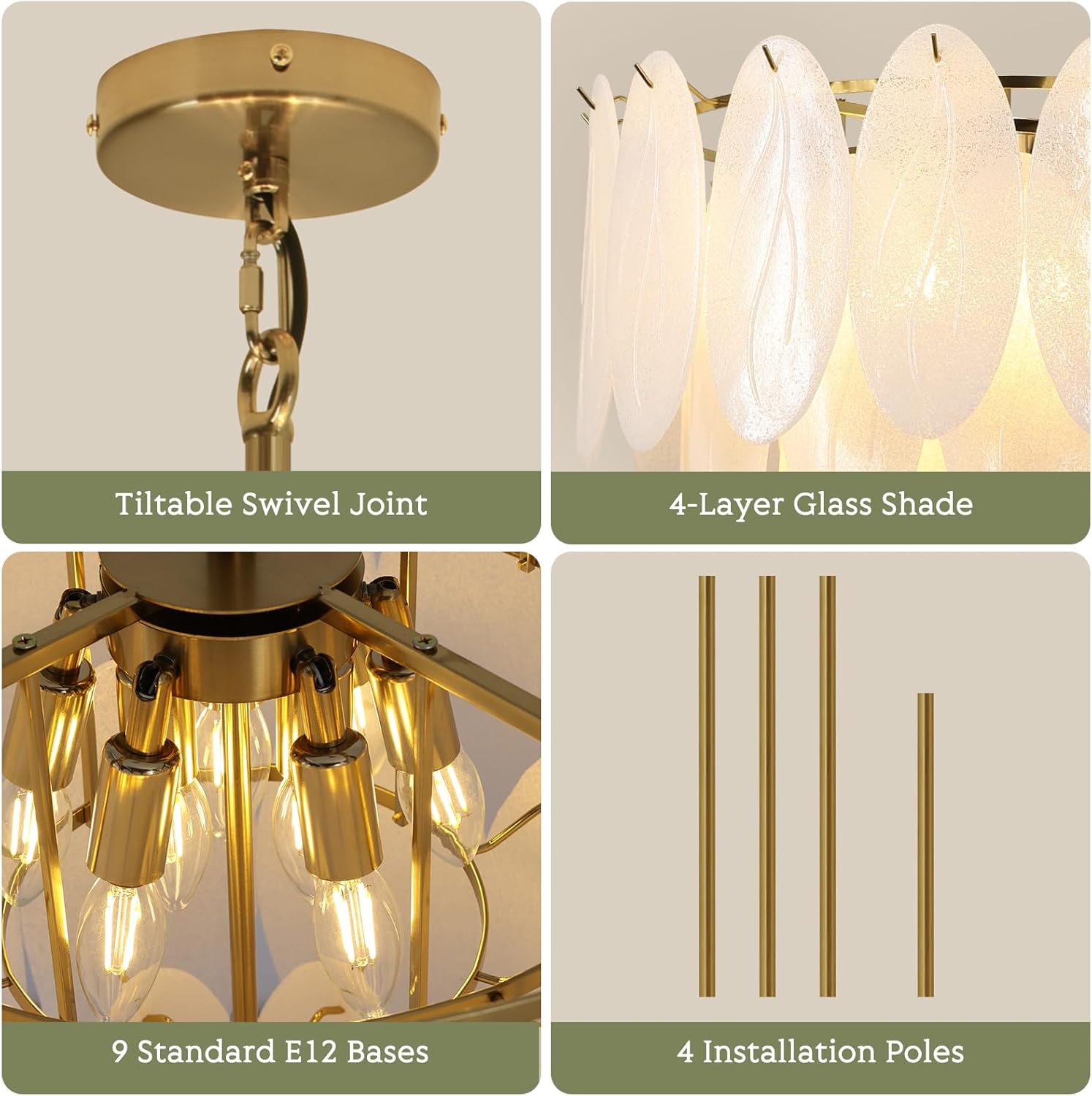 Luxury Modern Tiered Gold Glass Pendant Chandelier with E12 Bulbs – Adjustable Height, Dimmable, 25.6” Wide