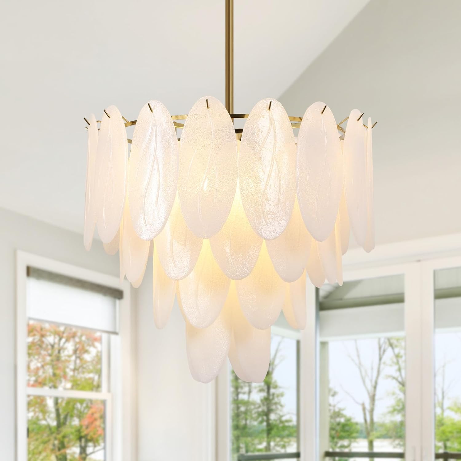 Luxury Modern Tiered Gold Glass Pendant Chandelier with E12 Bulbs – Adjustable Height, Dimmable, 25.6” Wide