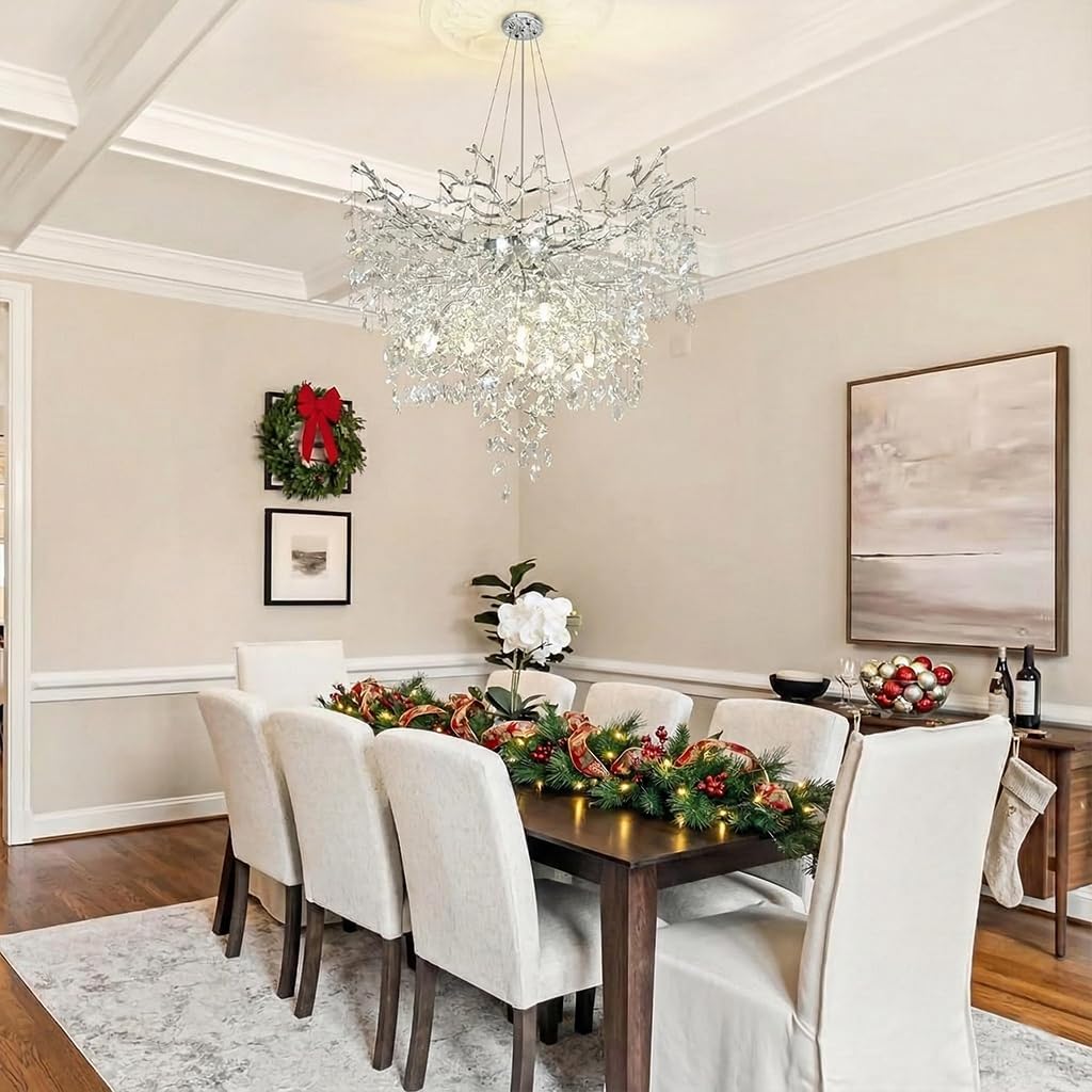 Luxury Round Branch Crystal Chandelier Modern LED Pendant Light Adjustable Height Ceiling Fixture