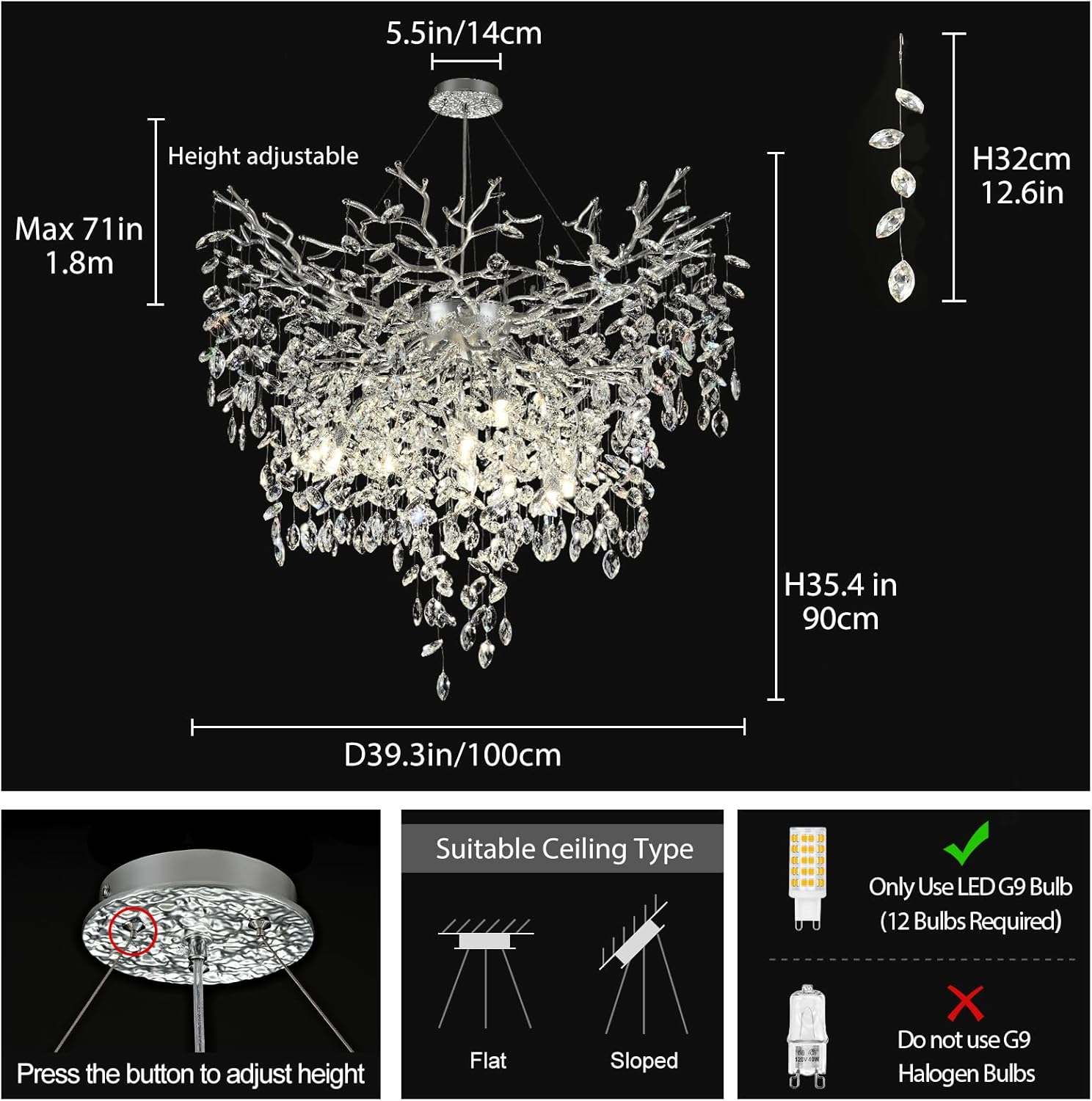 Luxury Round Branch Crystal Chandelier Modern LED Pendant Light Adjustable Height Ceiling Fixture