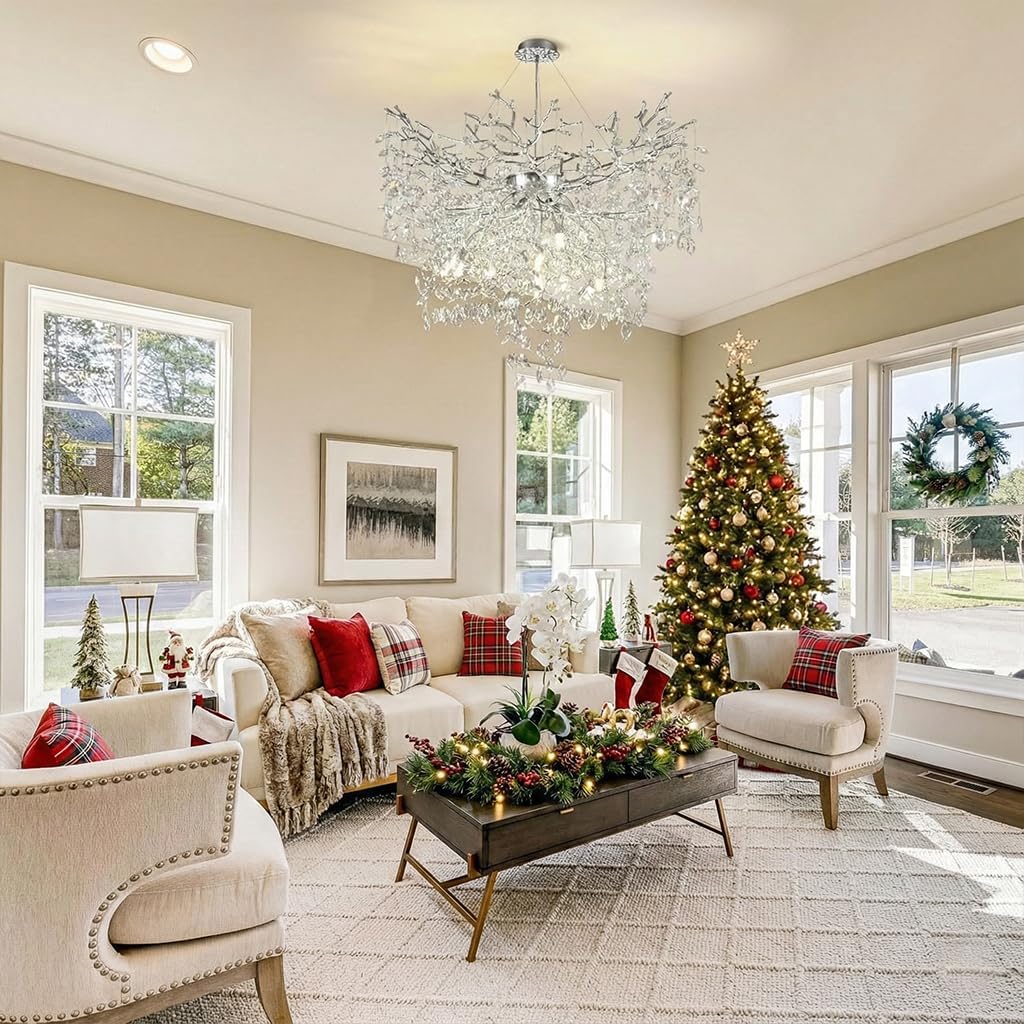 Luxury Round Branch Crystal Chandelier Modern LED Pendant Light Adjustable Height Ceiling Fixture